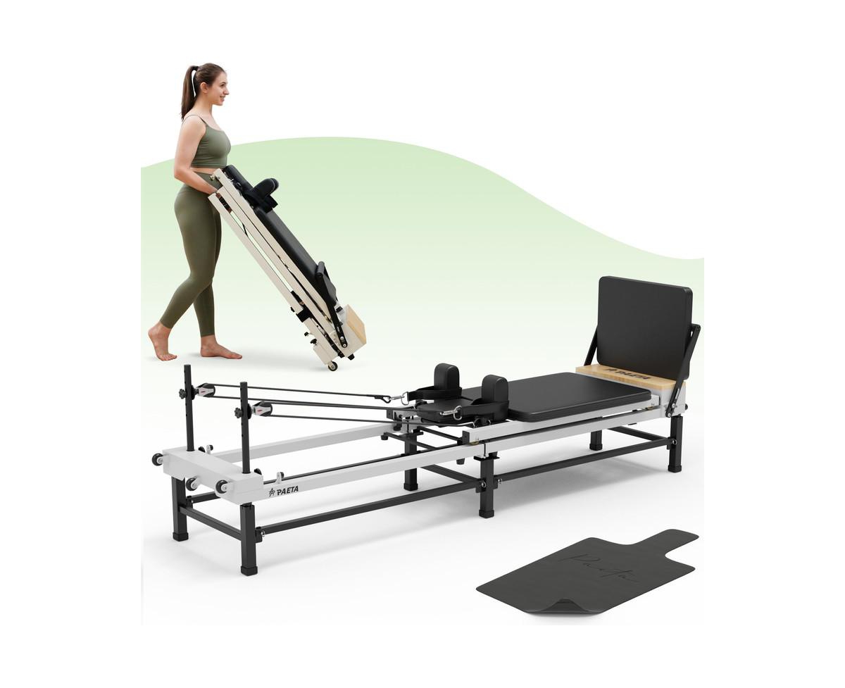91&#x22; Adjustable Height Pilates Reformer &#x2013; Piano Wire Springs, Jump Board, Foldable Design - White