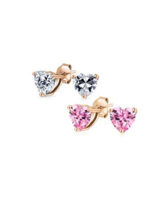Set of 2 Cubic Zirconia 1CT Solitaire Green Red Heart Shaped Stud Earrings Sterling Silver