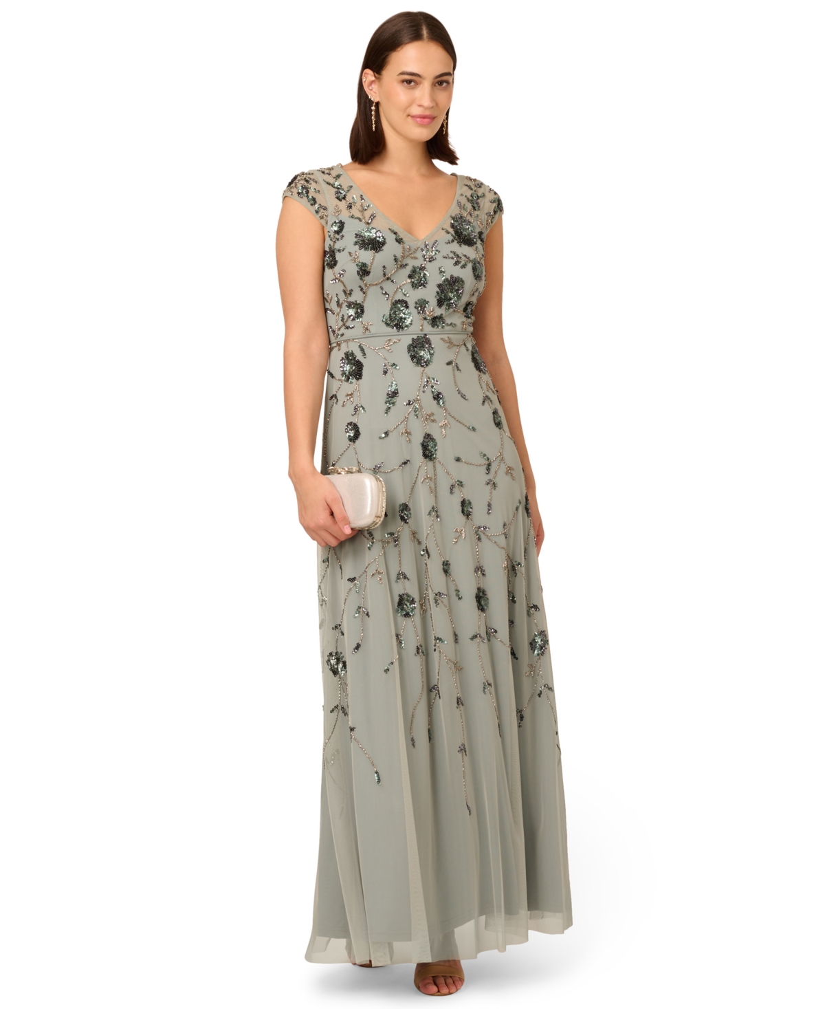 Women's V-Neck Beaded Mesh Dress - Sage