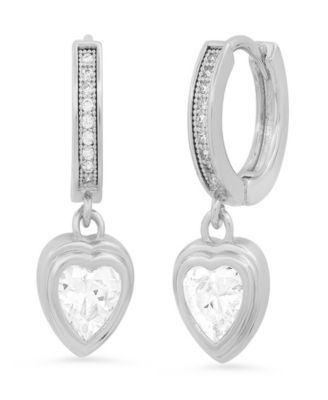 Women's Brass Simulated Diamonds Dangling Charm Heart Huggie Earrings