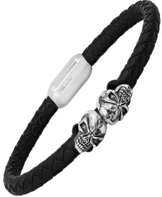 Men’s Black Braided Leather and Stainless-Steel Skulls Bracelet