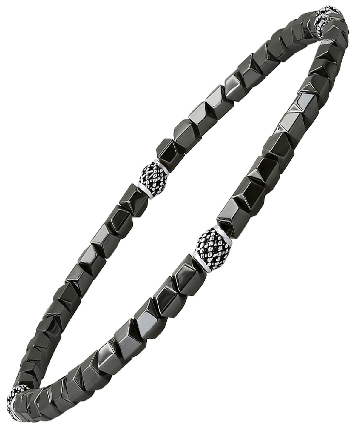 Steeltime Men's Sterling Silver And Hematite Beaded Stretch Bracelet