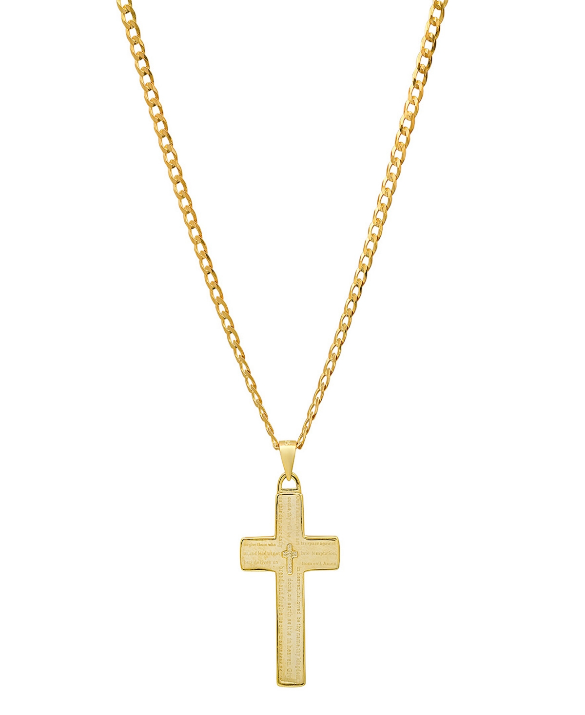 Steeltime Unisex 14k Gold Plated Sterling Silver Cuban Super Flat Chain And Lord's Prayer Cross Pendant