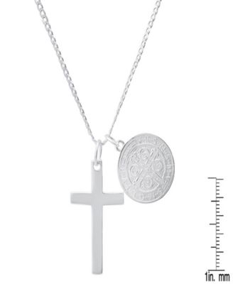 Unisex Sterling Silver Cross and Round St. Benedict Pendant Necklace