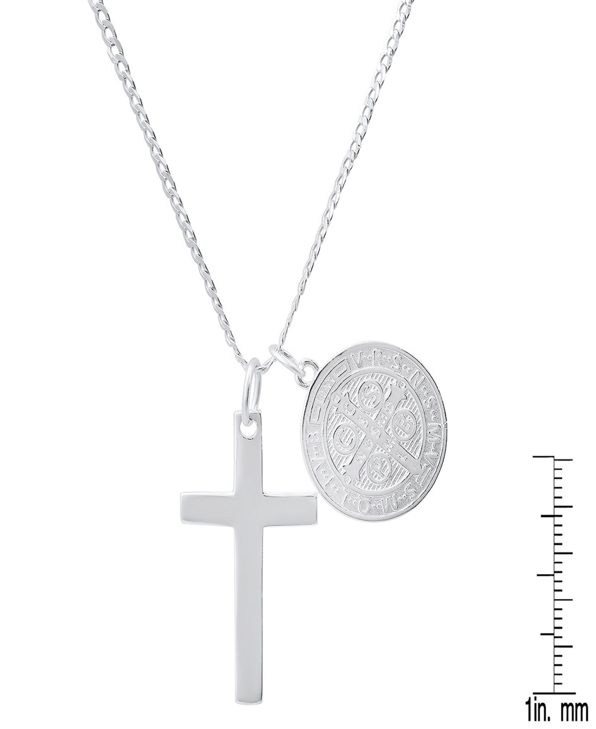 Steeltime Unisex Sterling Silver Cross And Round St. Benedict Pendant Necklace