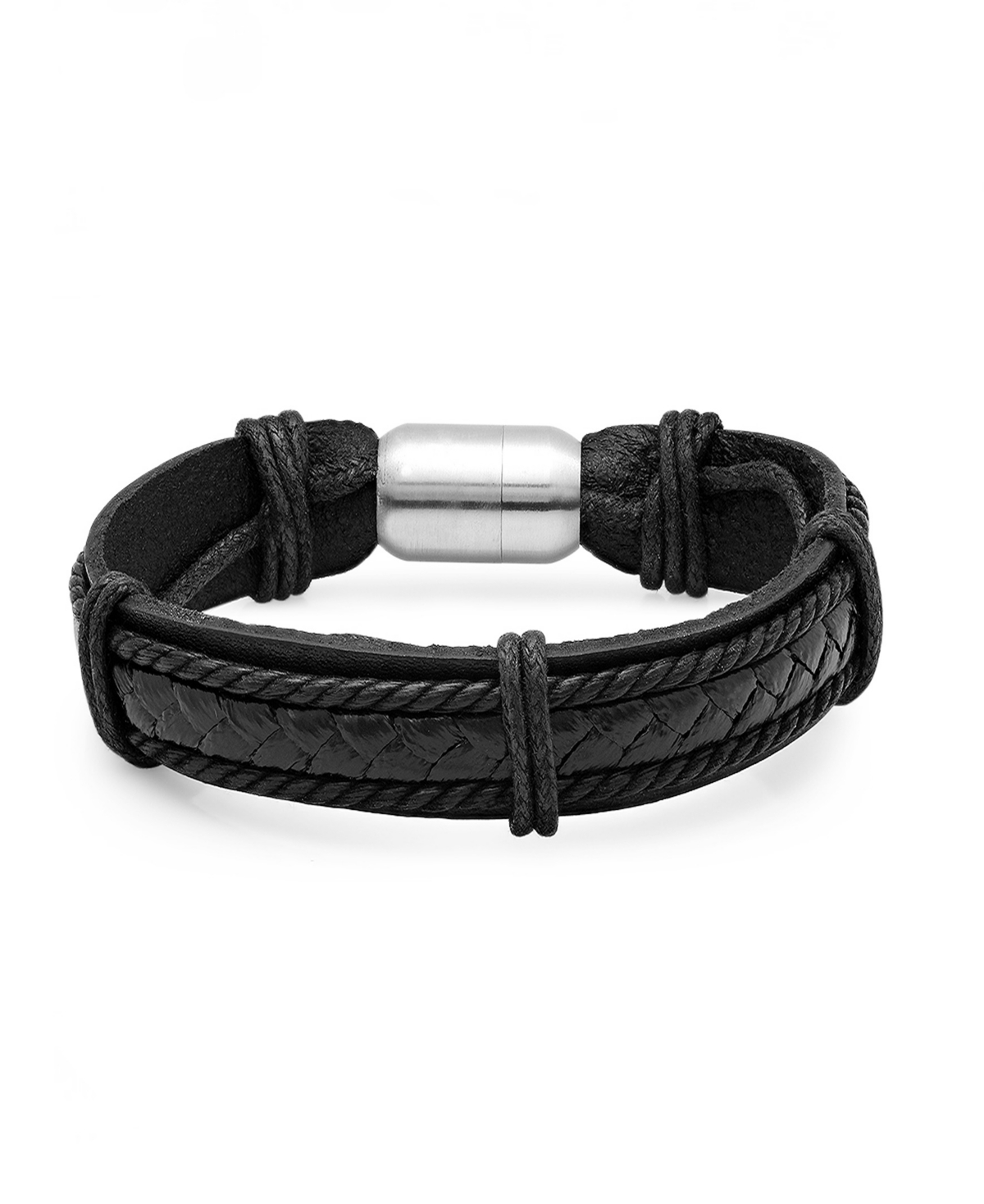 Men's Genuine Black Leather Bracelet with Stainless Steel Magnetic Clasp - Black