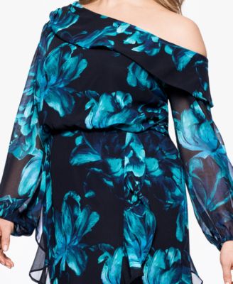 Plus Size Printed Asymmetrical-Neckline Long Dress