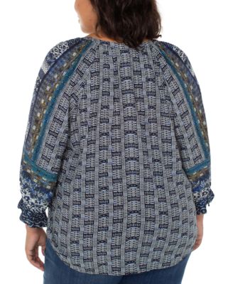 Plus Size Printed V-Neck Button-Front 3/4-Sleeve Blouse