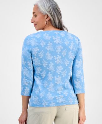 Petite Printed 3/4-Sleeve Henley Knit Top, Exclusively at Macy's