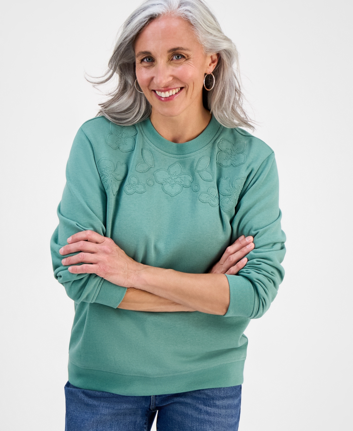 Petite Embroidered Crewneck Sweatshirt, Exclusively at Macy's - Kendall Green Combo