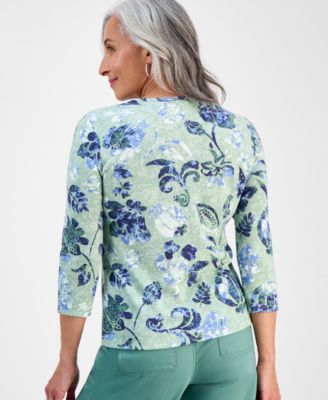 Petite Jungle-Floral 3/4-Sleeve Top, Exclusively at Macy's 