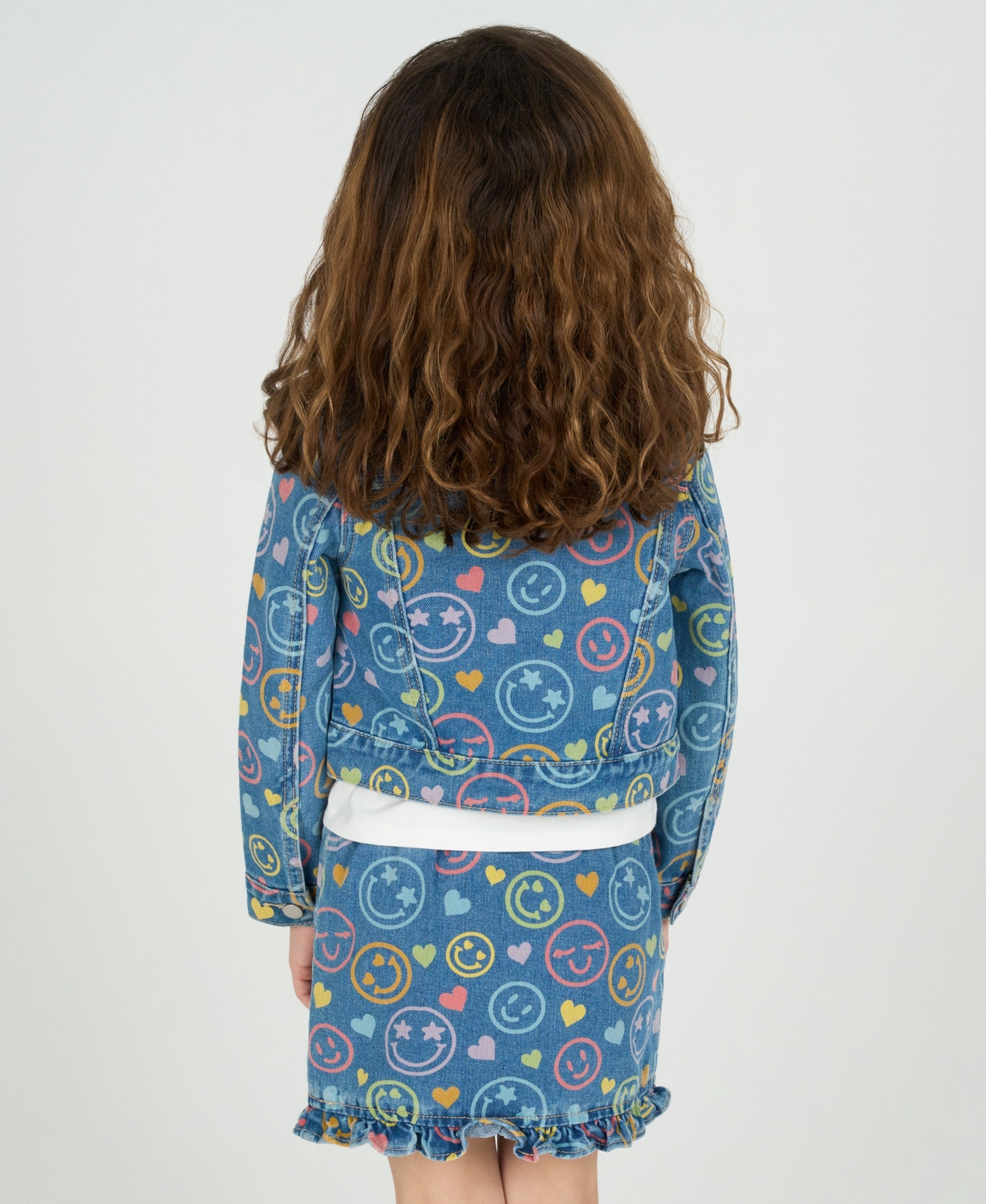 Rare Editions Little Girls 3-piece Smiley Denim Jacket, Ruffle Hem Skort, Crewneck T-shirt Set In Blue