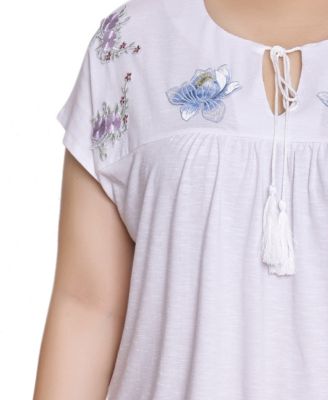 Plus Size Embroidered Yoke Extended Sleeve Top