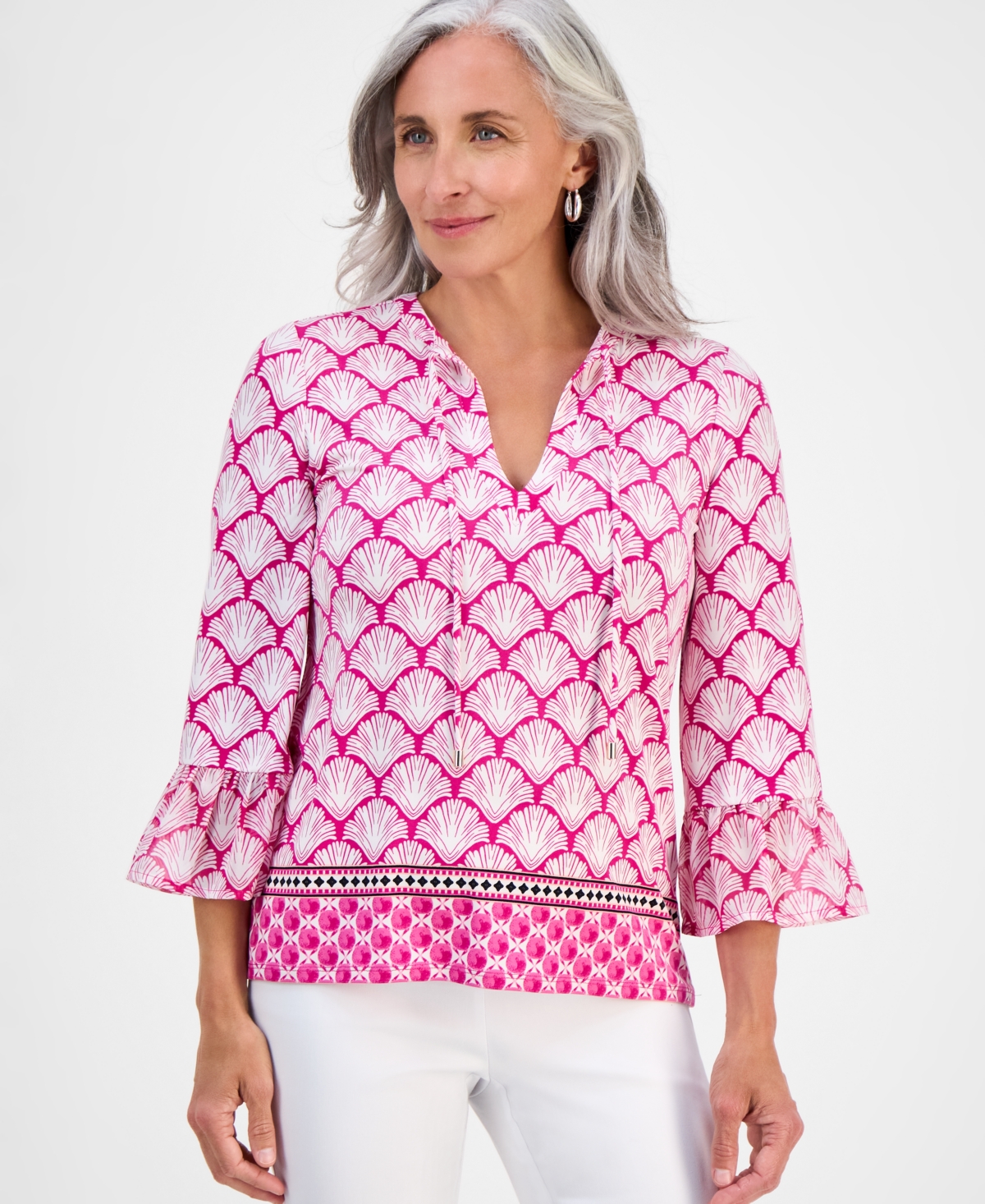 Petite Geometric-Print Split-Neck Top, Exclusively at Macy's - Deep Black Combo