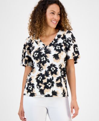 Petite Blossom V-Neck Crepe Top