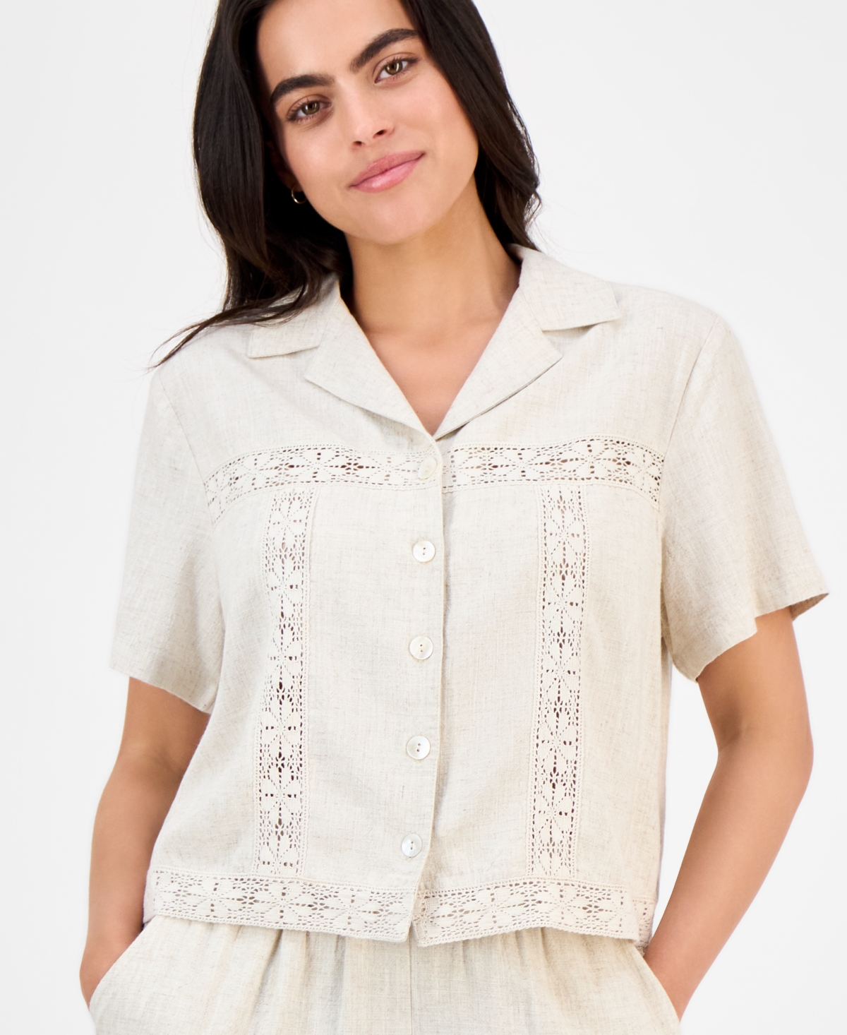 And Now This Petite Linen-blend Camp Shirt, Exclusively At Macy's In Neutral