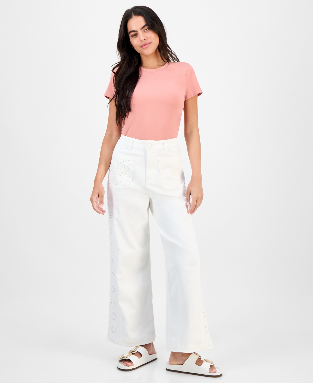 Petite Eyelet-Embroidered Wide Leg Jeans, Exclusively at Macy's - Bright White