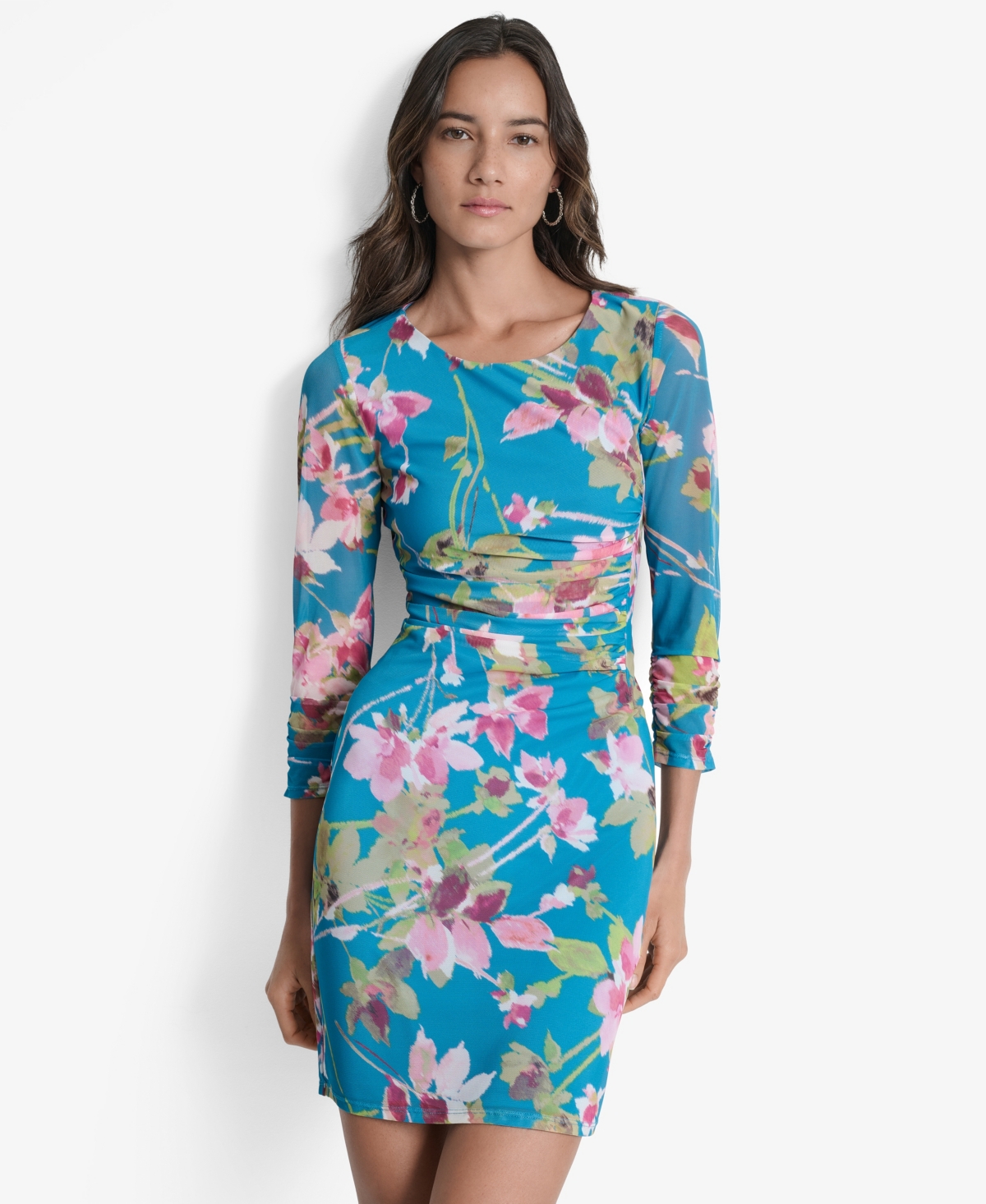 Dkny Petites Printed Ruched 3/4-Sleeve Bodycon Dress