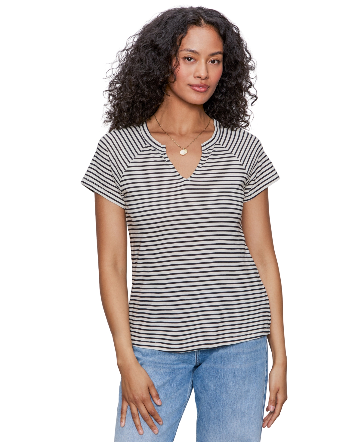 Women's Notch-Neck Short-Sleeve T-Shirt - Light Oat/black Stripe 2