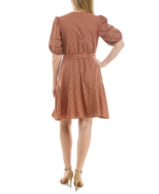 Petite Split-Neck Puff-Sleeve Fit & Flare Dress