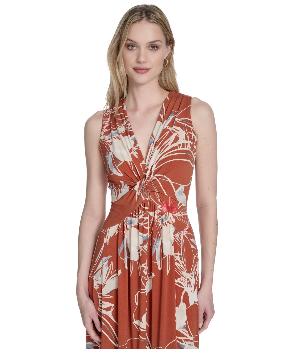 Calvin Klein Petite Sleeveless V-neck A-line Dress In Brown