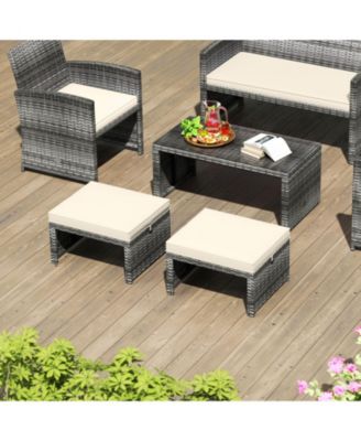 2 Pieces Patio PE Rattan Ottomans with Soft Zippered Cushions for Deck