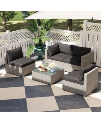 5-Piece Outdoor Patio Sectional Sofa Couch and Glass Coffee Table with Cushions