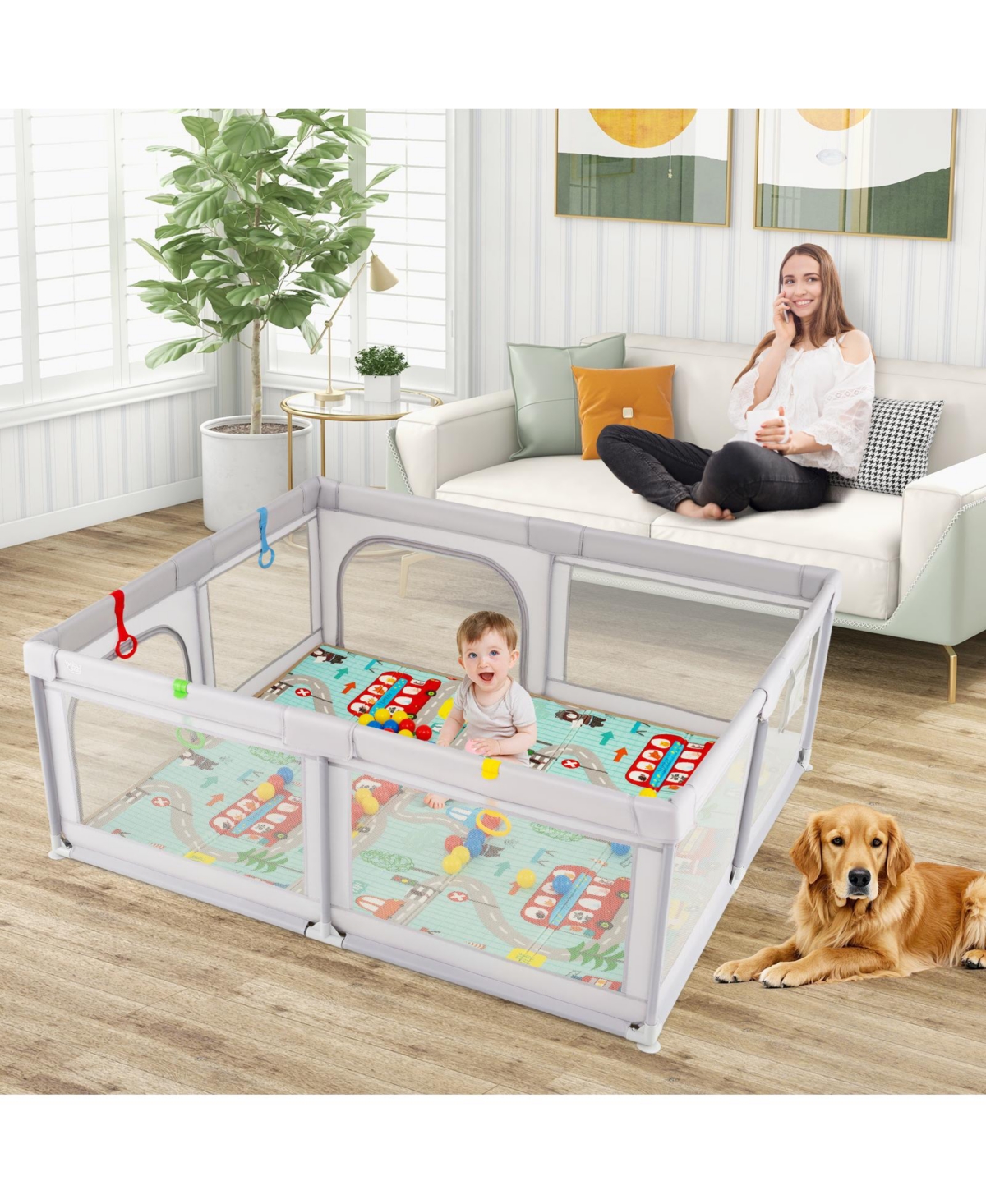 Slickblue Toddler Playpen with Mat and Breathable Mesh
