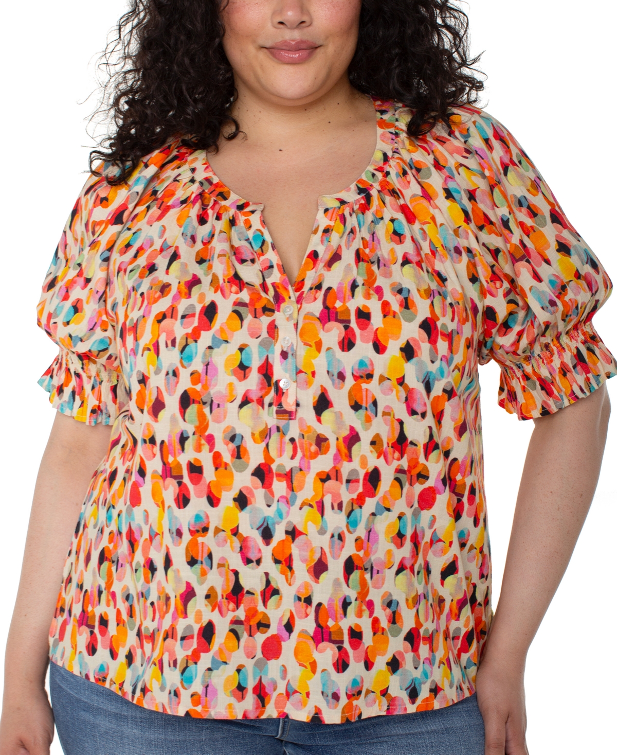 Plus Size Printed Puff-Sleeve Blouse - Watercolor Dots Multi