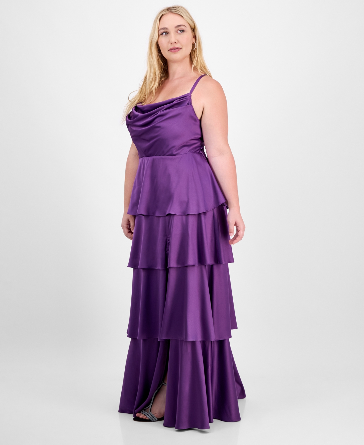 City Studios Trendy Plus Size Cowl-neck Tiered Satin Gown In Purple