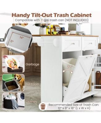 Rolling Kitchen Island with Trash Can Cabinet and Rubber Universal Wheels