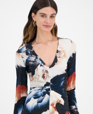 Juniors' Long-Sleeve Floral-Print Ruched-Front Dress