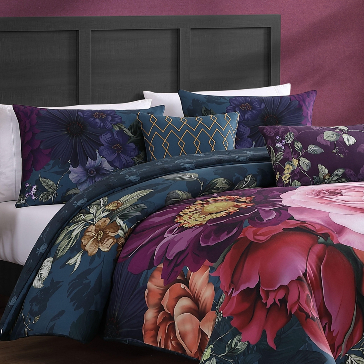 Bebejan Vibrant Flora Bedding 100% Cotton Sateen 5 Piece Queen Size Reversible Comforter Set