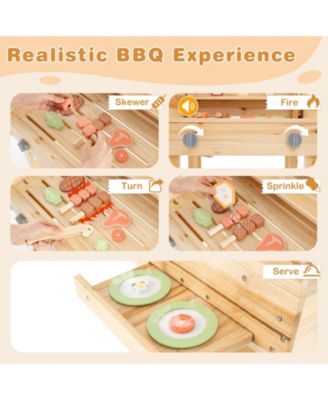 Kids Wooden Barbecue Grill Playset Pretend Kitchen with Food and Wheels