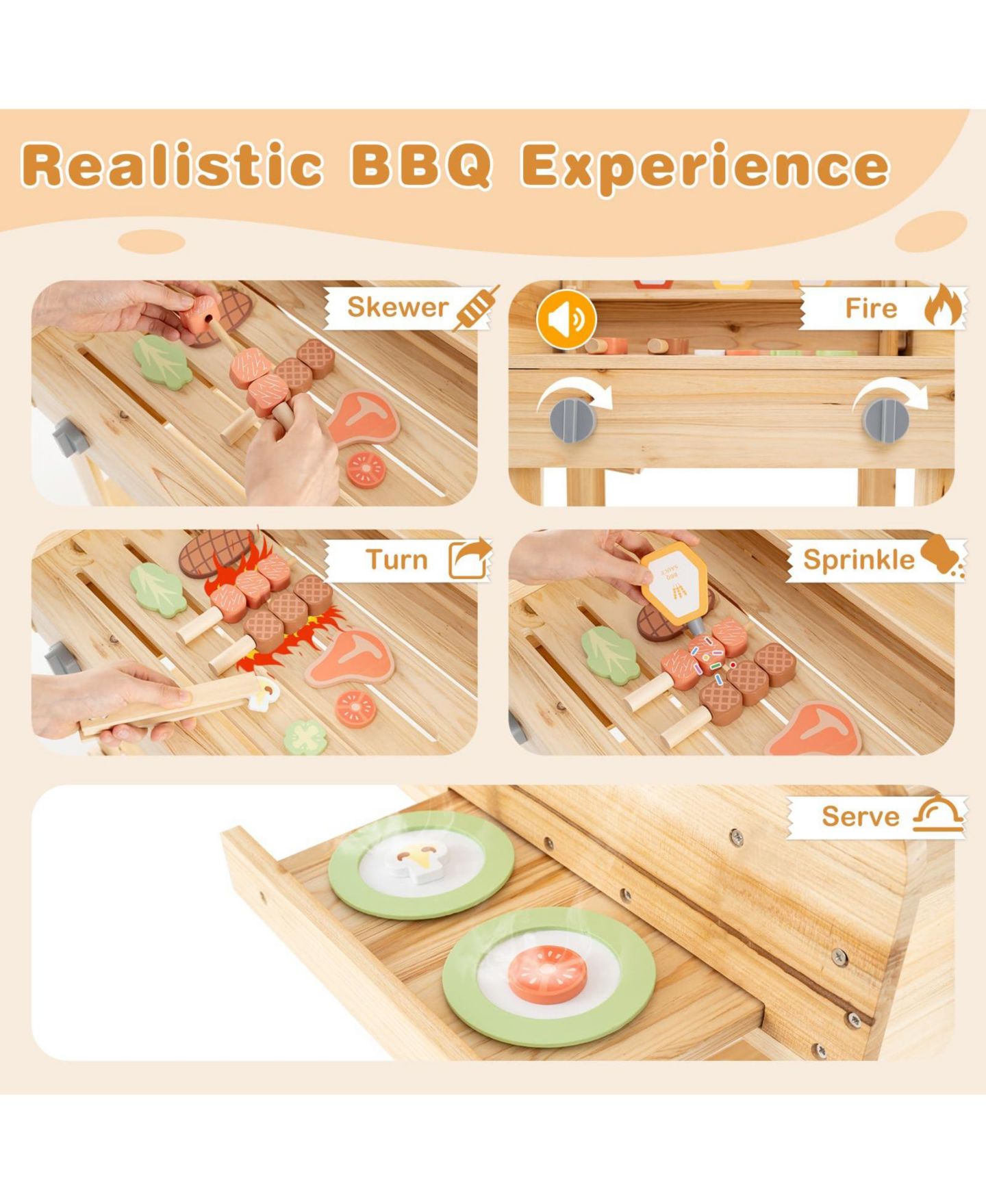 Детский игровой набор Mecale Wooden BBQ Grill 25-Piece Playset, Ages 3+, цвет: Натуральный — фото 5