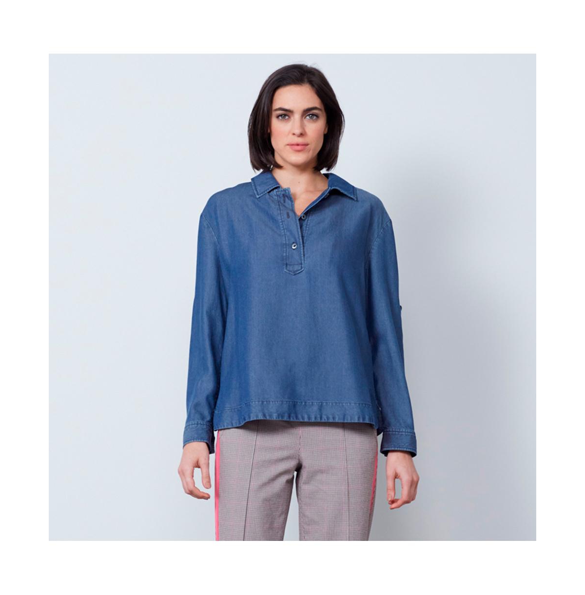 Women's Chambray-Look Popover Blouse Strait - Indigo washed blue