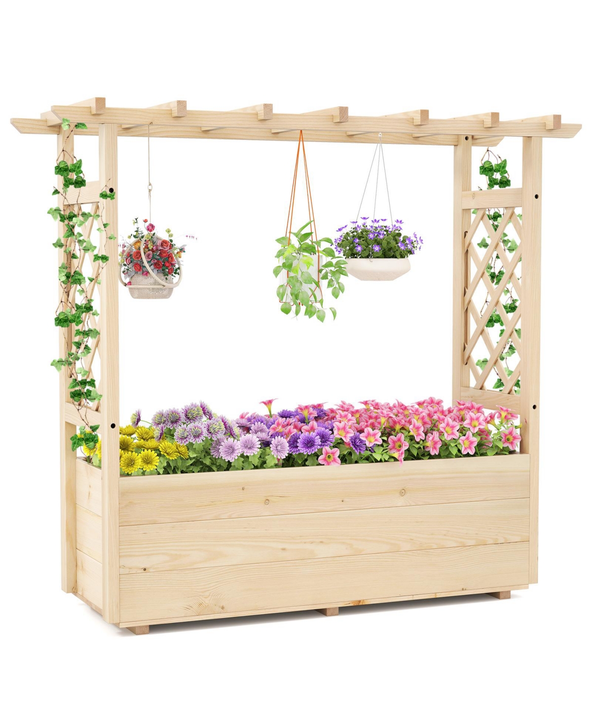 Raised Garden Bed Wooden Elevated Planter Box with Hanging Roof - Natural