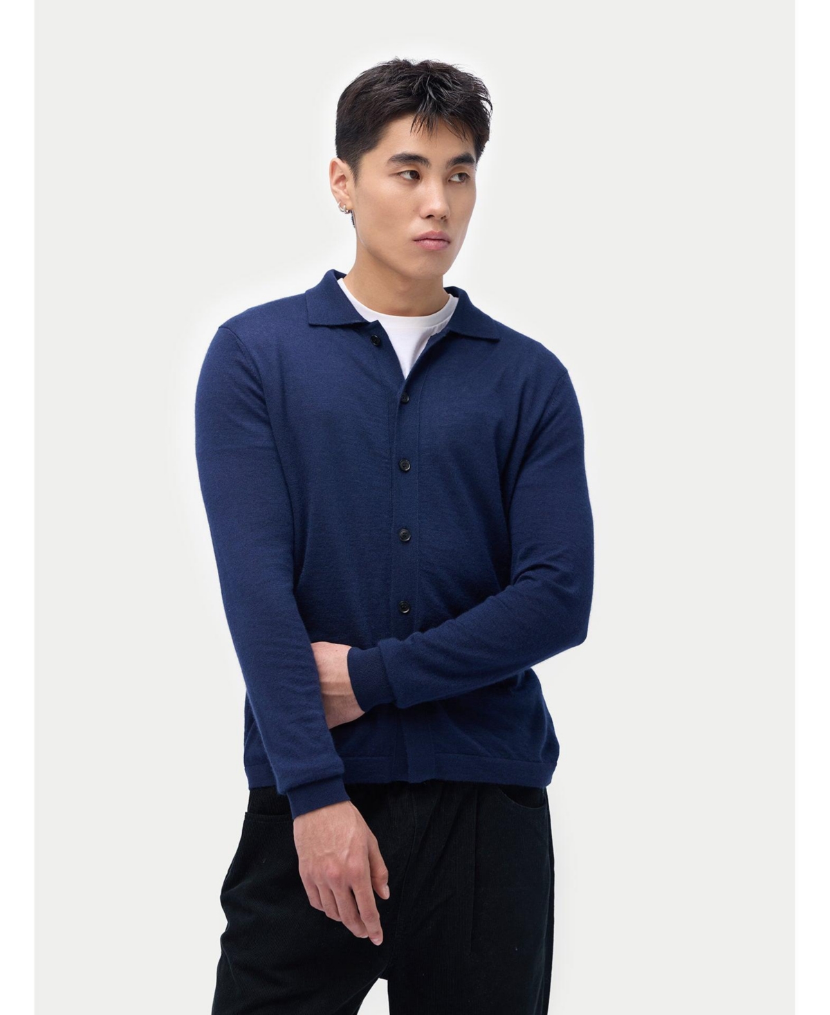 Men's Cashmere Silk Polo-Neck Cardigan - Blue-mood indigo