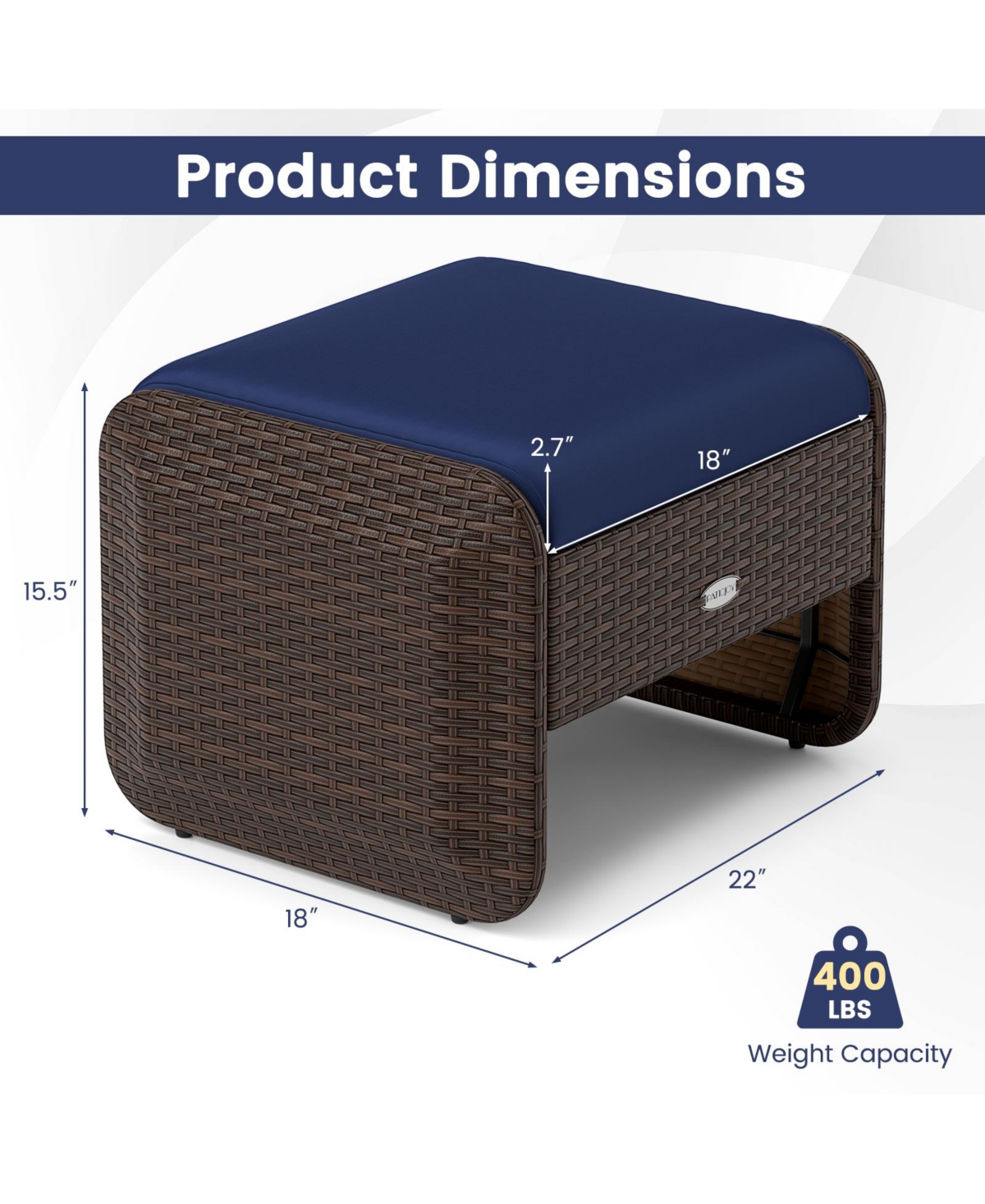 2-Piece Outdoor Pe Wicker Ottomans with Removable Cushions for Patio or Garden