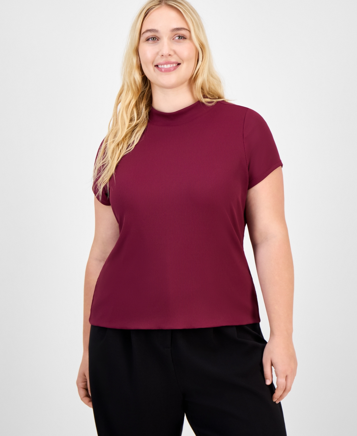 Bar Iii Trendy Plus Second-skin Short-sleeve Mock-neck Top, Macy's Exclusive In Burgundy