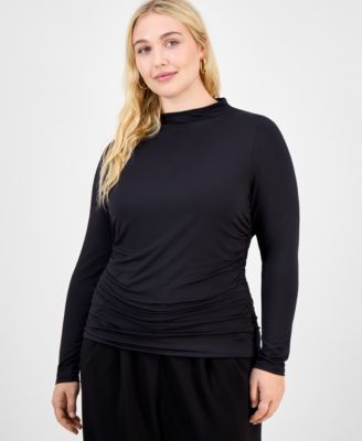 Bar III - Trendy Plus Ruched Mock-Neck Long-Sleeve Top