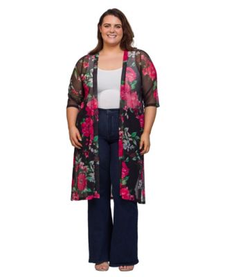 Plus Size Sheer Floral Knee Length Duster Cardigan Sweater