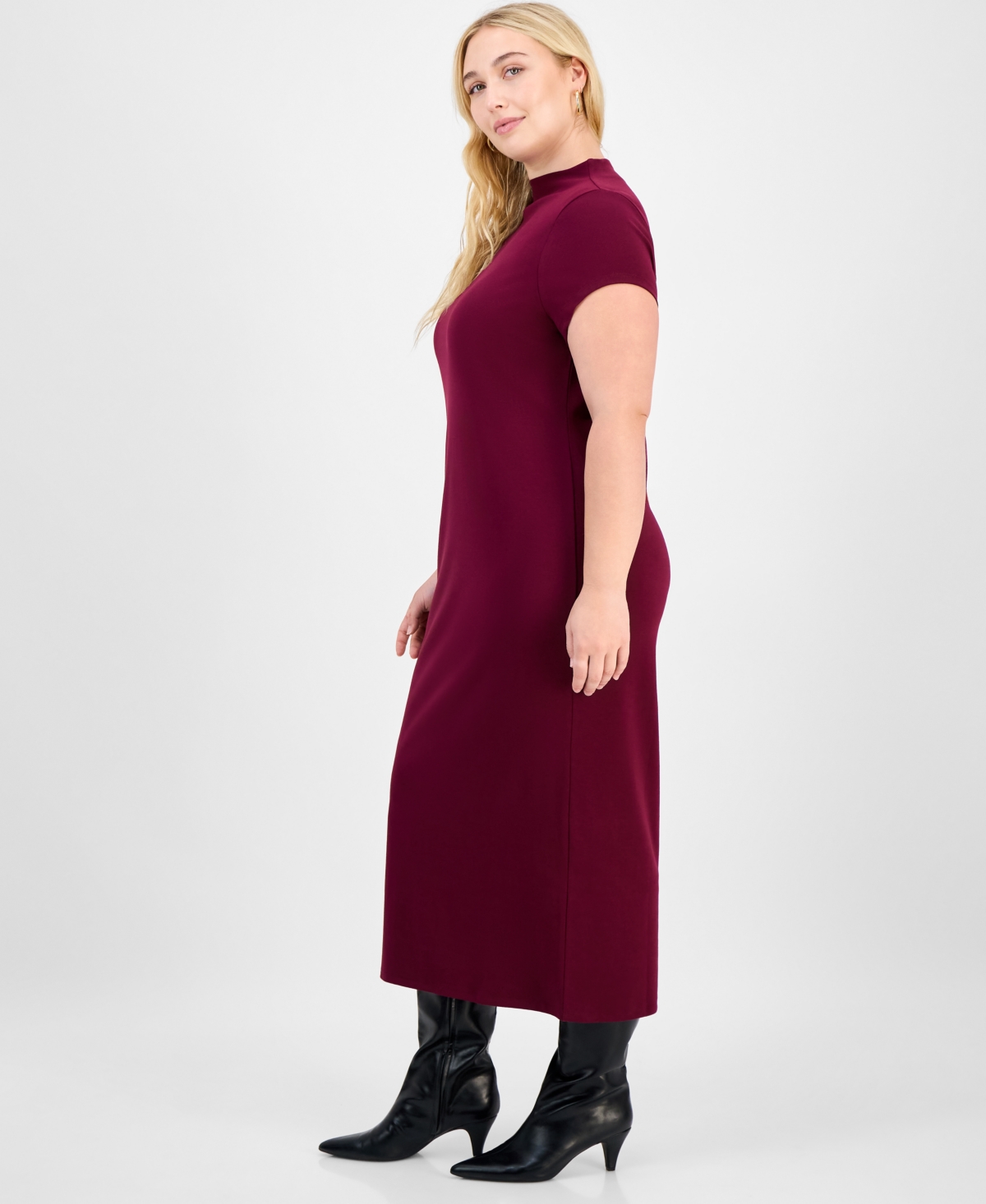 Bar Iii Trendy Plus Ribbed Mock-neck Midi Dress, Macy's Exclusive In Red