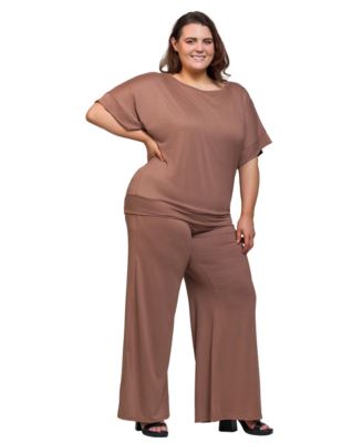 Plus Size Boat Neck Top and Wide Leg Pants Set