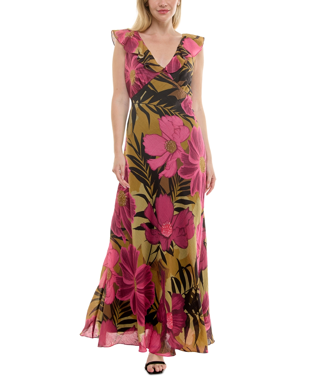 Women's Ruffled Sleeveless A-Line Dress - Taupe/fuchsia