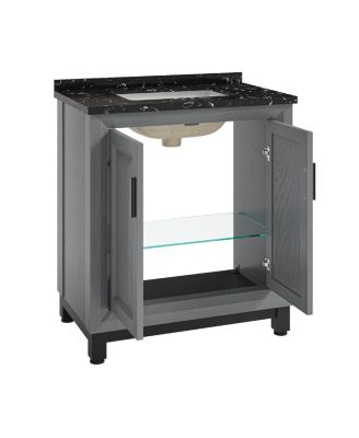 30" Bathroom Vanity with Marbel Undermount Sink and Glass Shelves Storage Cabinet