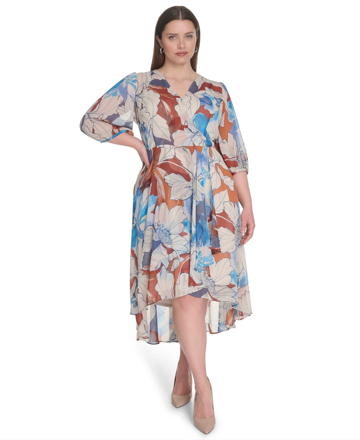 Plus Size 3/4-Sleeve Chiffon Midi Dress - Oxford Multi