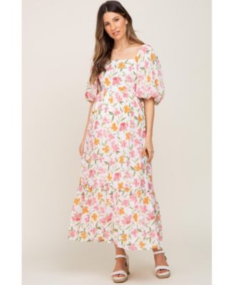 Maternity White Floral Puff Sleeve Maxi Dress