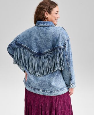 Trendy Plus Size Fringe-Trim Cotton Denim Jacket, Macy's Exclusive 