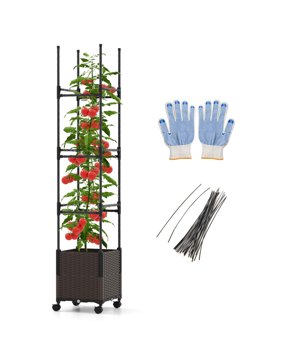 Raised Garden Bed with Plant Box Trellis and Lockable Wheels Adjustable Height - Brown and Black